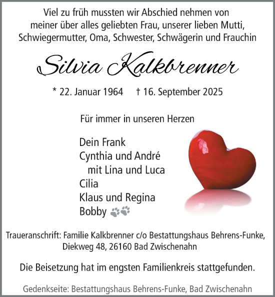 Traueranzeige von Silvia Kalkbrenner von Nordwest-Zeitung
