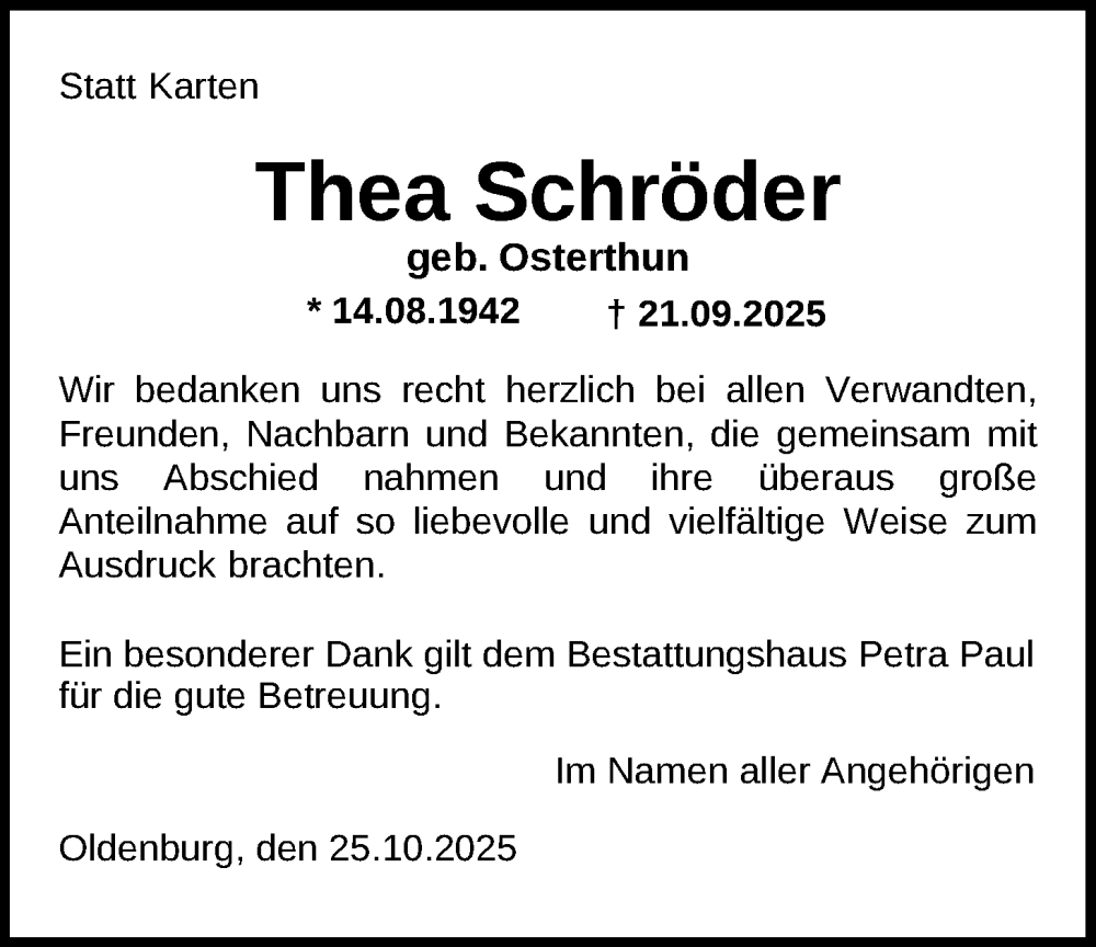  Traueranzeige für Thea Schröder vom 25.10.2025 aus Nordwest-Zeitung