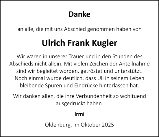 Traueranzeige von Ulrich Frank Kugler von Nordwest-Zeitung