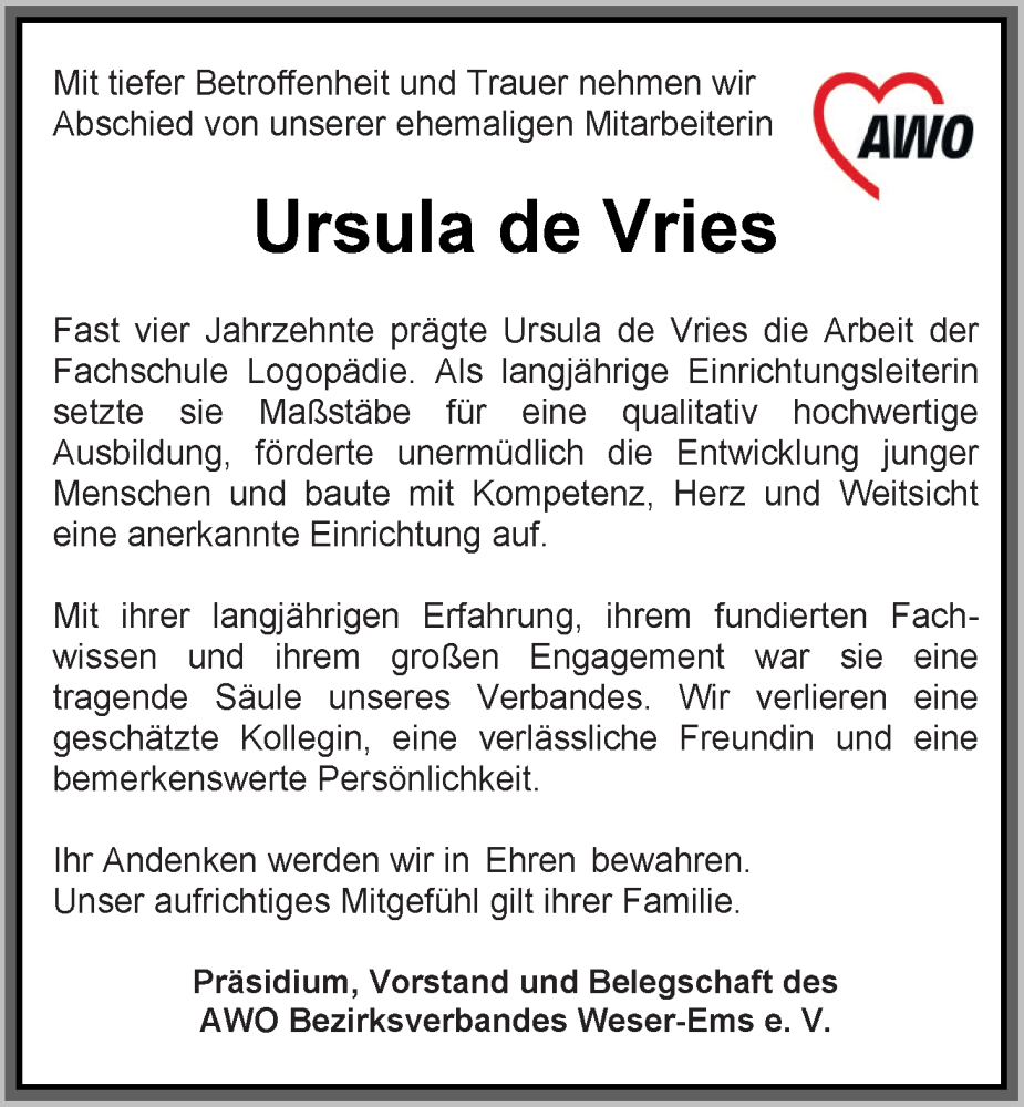  Traueranzeige für Ursula de Vries vom 09.10.2025 aus Nordwest-Zeitung