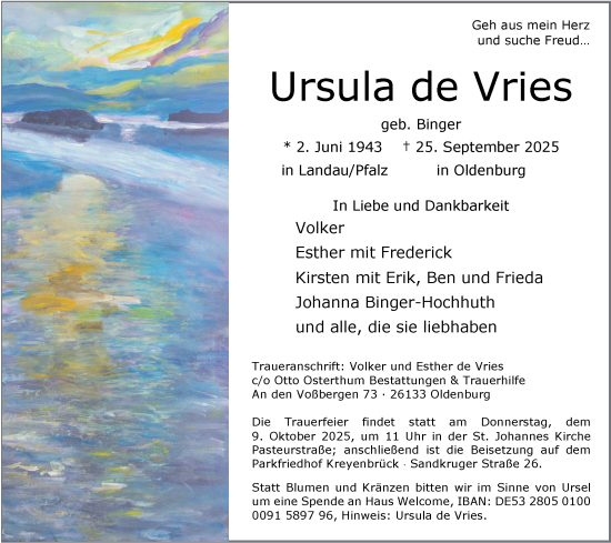 Traueranzeige von Ursula de Vries von Nordwest-Zeitung