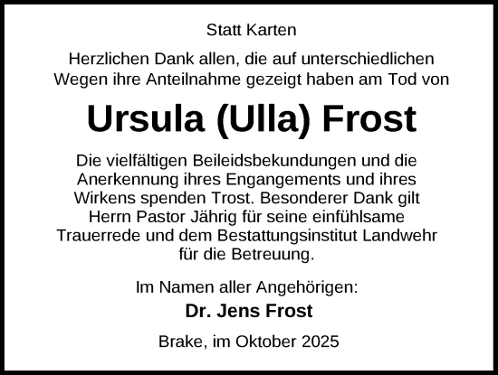 Traueranzeige von Ursula Frost von Nordwest-Zeitung