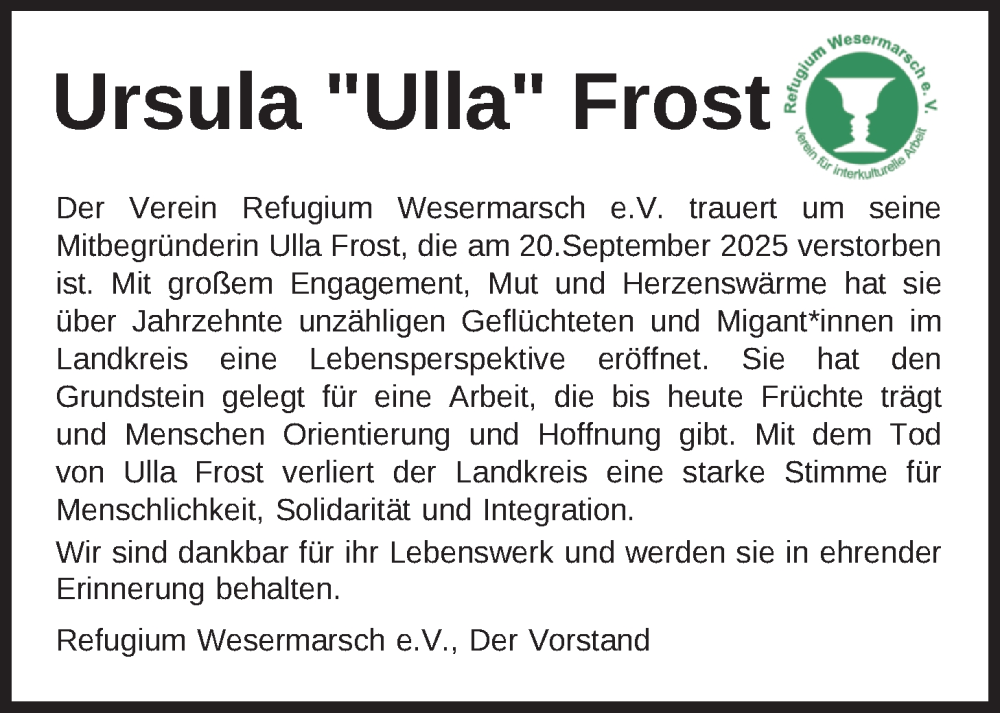  Traueranzeige für Ursula Frost vom 07.10.2025 aus Nordwest-Zeitung