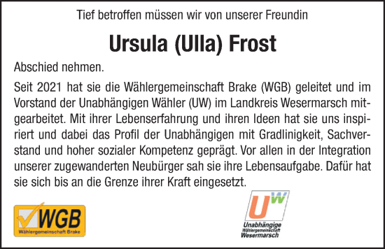 Traueranzeige von Ursula Frost von Nordwest-Zeitung