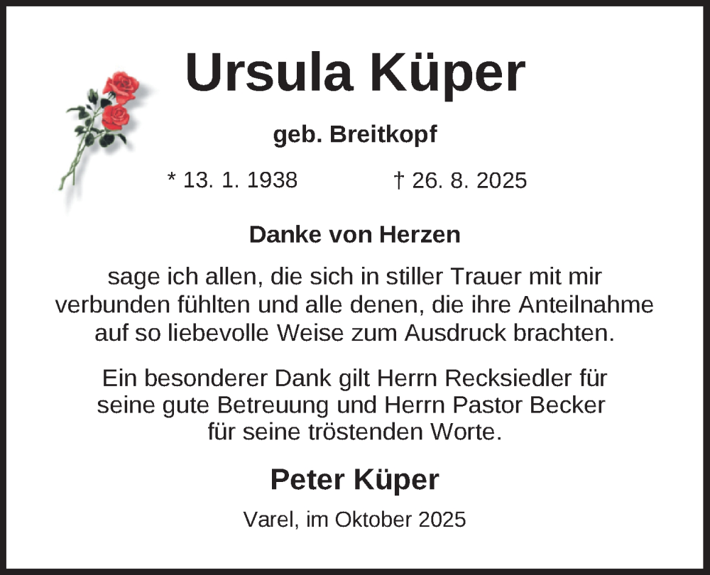  Traueranzeige für Ursula Küper vom 10.10.2025 aus Nordwest-Zeitung