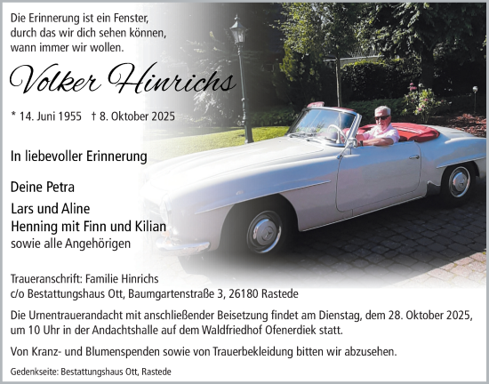 Traueranzeige von Volker Hinrichs von Nordwest-Zeitung