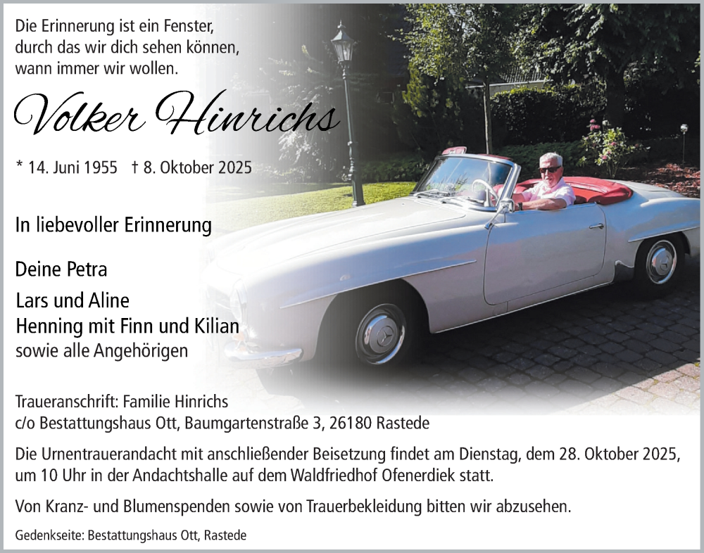  Traueranzeige für Volker Hinrichs vom 18.10.2025 aus Nordwest-Zeitung