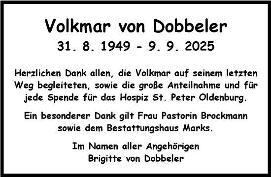 Traueranzeige von Volkmar von Dobbeler von Nordwest-Zeitung