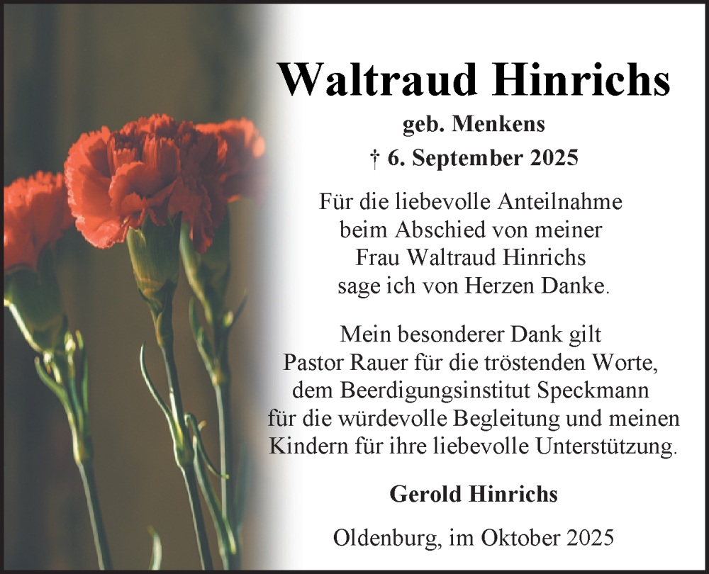  Traueranzeige für Waltraud Hinrichs vom 18.10.2025 aus Nordwest-Zeitung