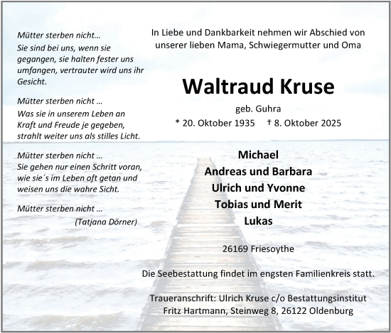 Traueranzeige von Waltraud Kruse von Nordwest-Zeitung
