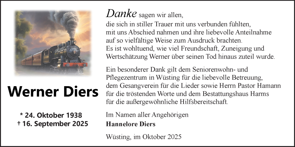  Traueranzeige für Werner Diers vom 25.10.2025 aus Nordwest-Zeitung