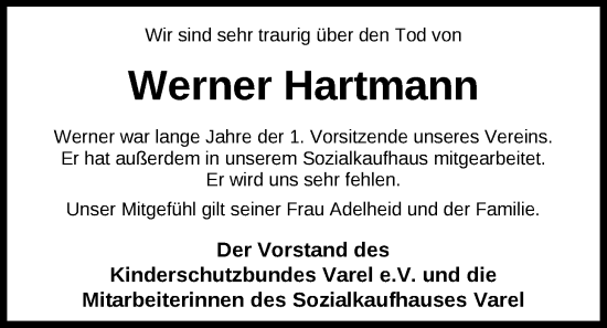 Traueranzeige von Werner Hartmann von Nordwest-Zeitung