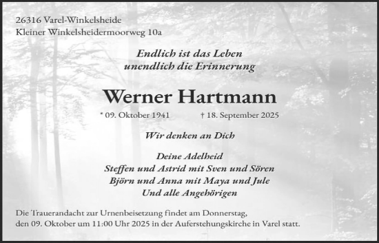 Traueranzeige von Werner Hartmann von Nordwest-Zeitung