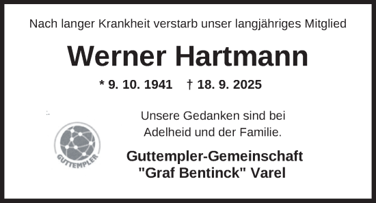 Traueranzeige von Werner Hartmann von Nordwest-Zeitung