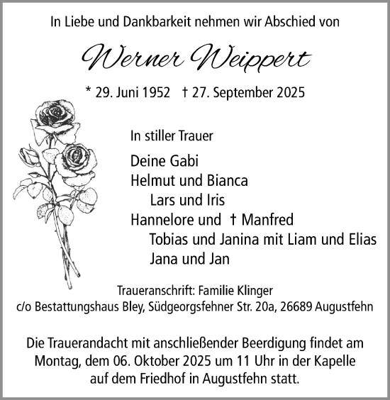 Traueranzeige von Werner Weippert von Nordwest-Zeitung