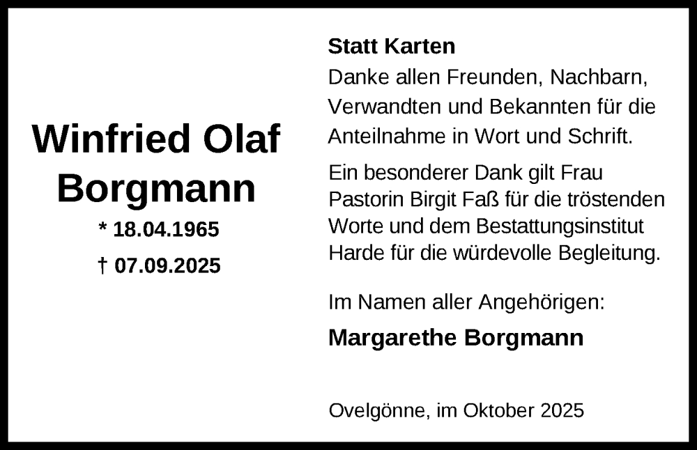  Traueranzeige für Winfried Olaf Borgmann vom 21.10.2025 aus Nordwest-Zeitung