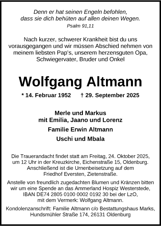 Traueranzeige von Wolfgang Altmann von Nordwest-Zeitung