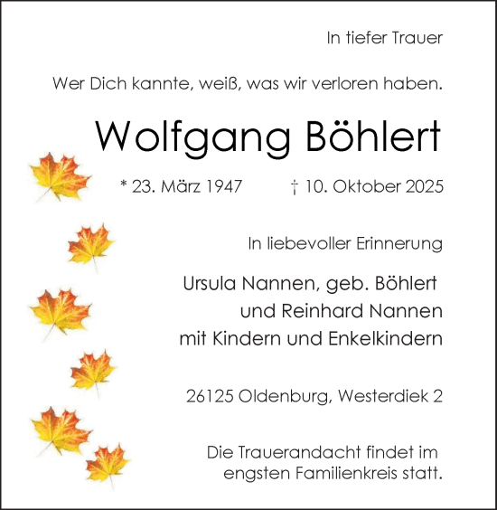 Traueranzeige von Wolfgang Böhlert von Nordwest-Zeitung