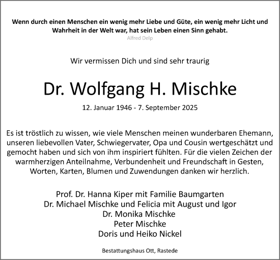 Traueranzeige von Wolfgang  Mischke von Nordwest-Zeitung