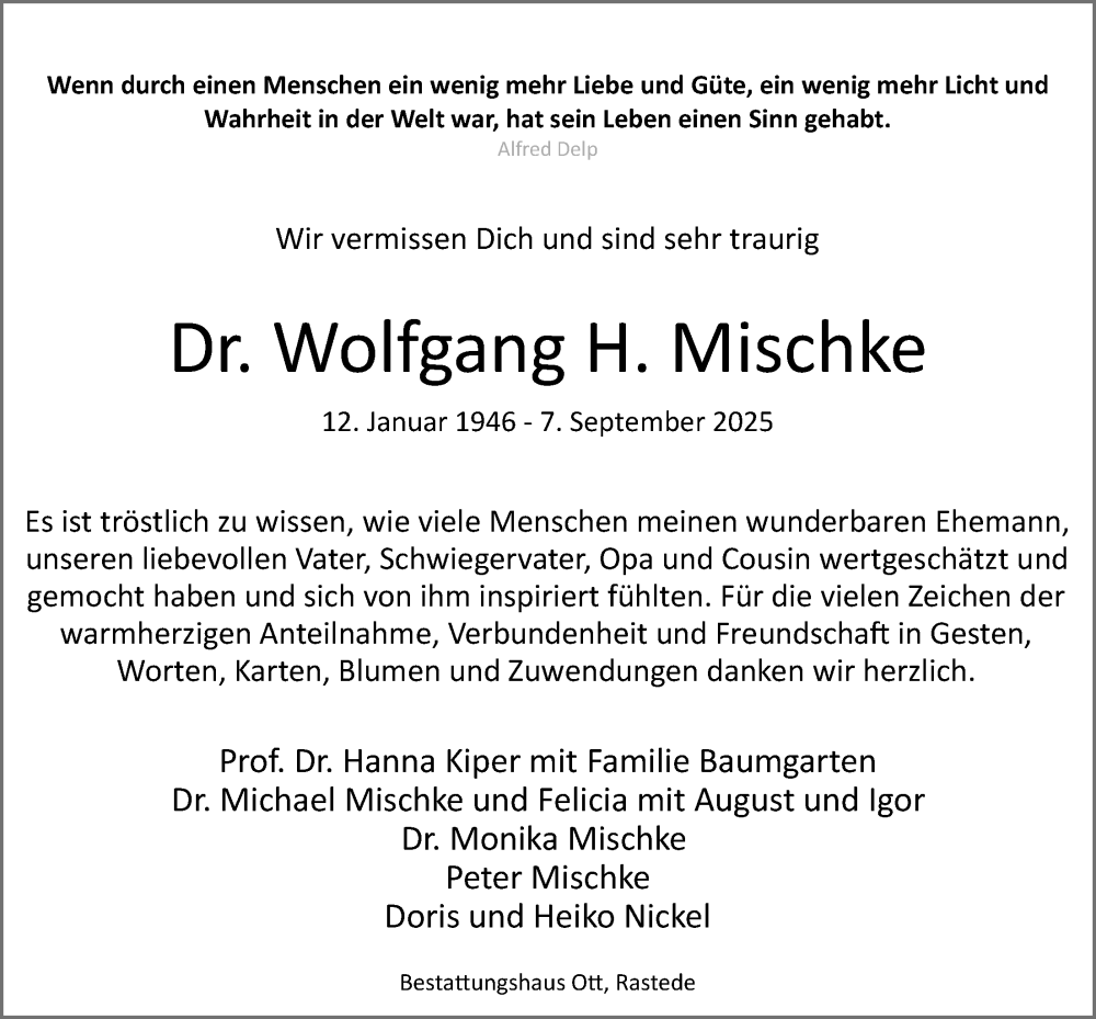  Traueranzeige für Wolfgang  Mischke vom 04.10.2025 aus Nordwest-Zeitung