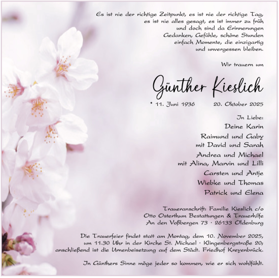 Traueranzeige von Günther Kieslich von Nordwest-Zeitung