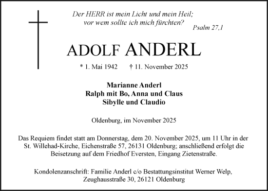 Traueranzeige von Adolf Anderl von Nordwest-Zeitung