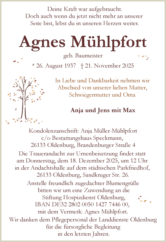 Traueranzeige von Agnes Mühlpfort von Nordwest-Zeitung