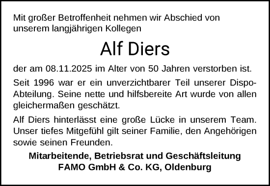 Traueranzeige von Alf Diers von Nordwest-Zeitung