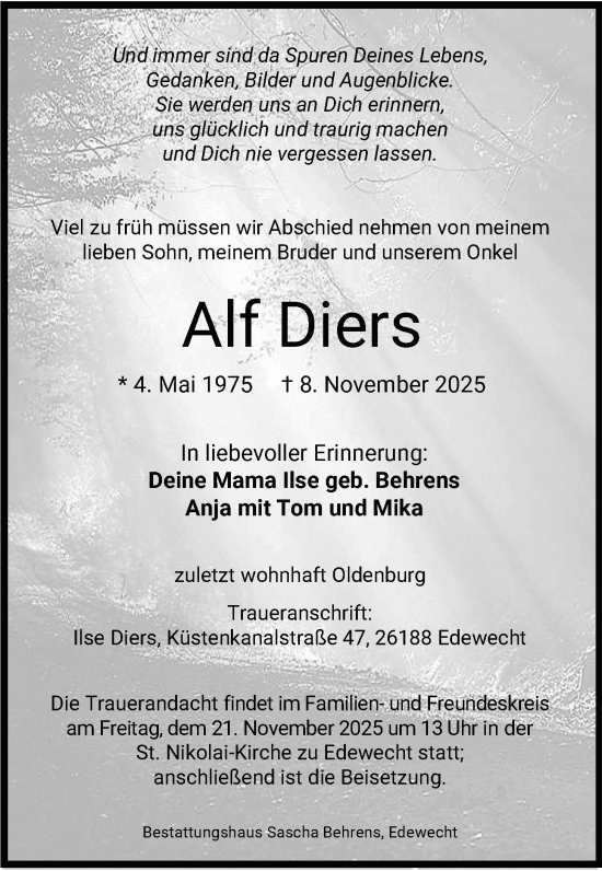 Traueranzeige von Alf Diers von Nordwest-Zeitung
