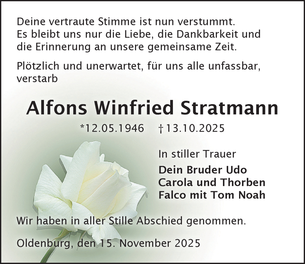  Traueranzeige für Alfons Winfried Stratmann vom 15.11.2025 aus Nordwest-Zeitung