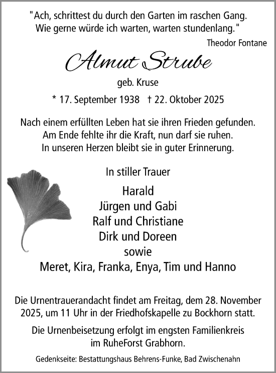 Traueranzeige von Almut Strube von Nordwest-Zeitung