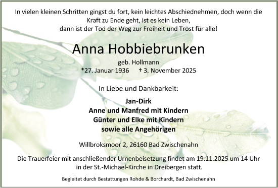Traueranzeige von Anna Hobbiebrunken von Nordwest-Zeitung