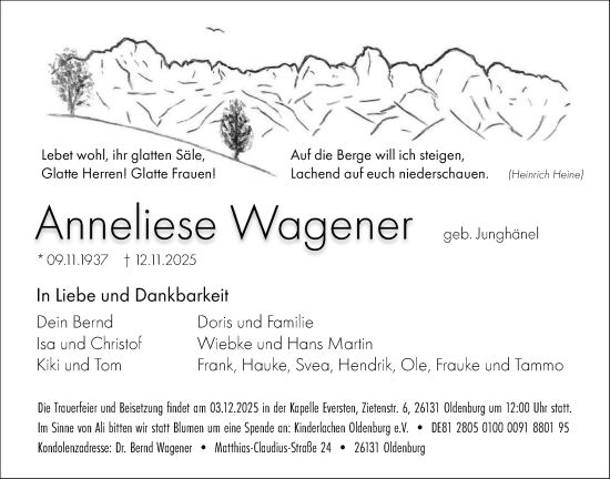 Traueranzeige von Anneliese Wagener von Nordwest-Zeitung