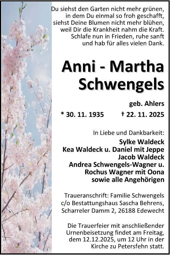 Traueranzeige von Anni-Martha Schwengels von Nordwest-Zeitung