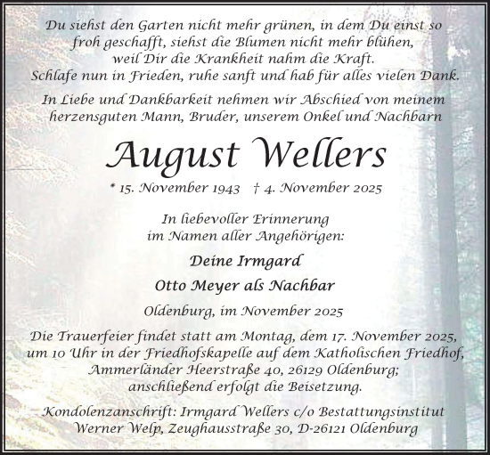 Traueranzeige von August Wellers von Nordwest-Zeitung