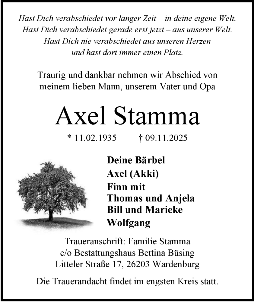  Traueranzeige für Axel Stamma vom 15.11.2025 aus Nordwest-Zeitung