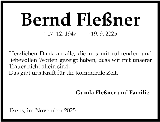 Traueranzeige von Bernd Fleßner von WZ/JW/AH