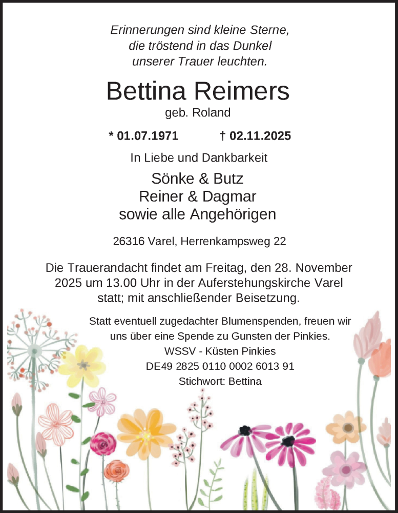  Traueranzeige für Bettina Reimers vom 22.11.2025 aus Nordwest-Zeitung