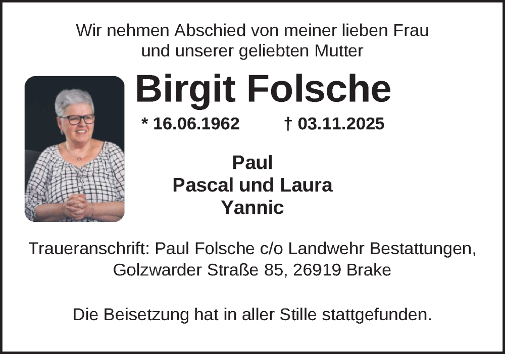  Traueranzeige für Birgit Folsche vom 18.11.2025 aus Nordwest-Zeitung