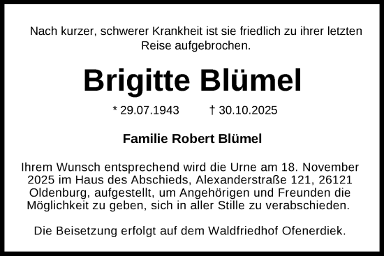 Traueranzeige von Brigitte Blümel von Nordwest-Zeitung