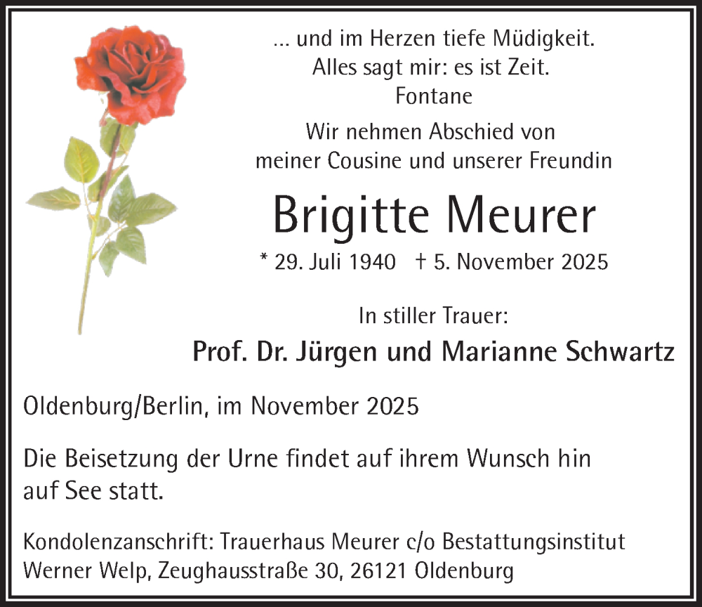  Traueranzeige für Brigitte Meurer vom 22.11.2025 aus Nordwest-Zeitung