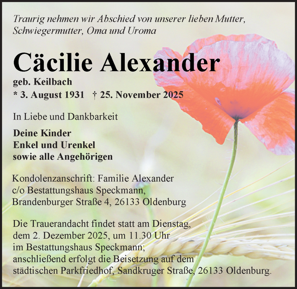  Traueranzeige für Cäcilie Alexander vom 27.11.2025 aus Nordwest-Zeitung