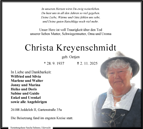 Traueranzeige von Christa Kreyenschmidt von Nordwest-Zeitung