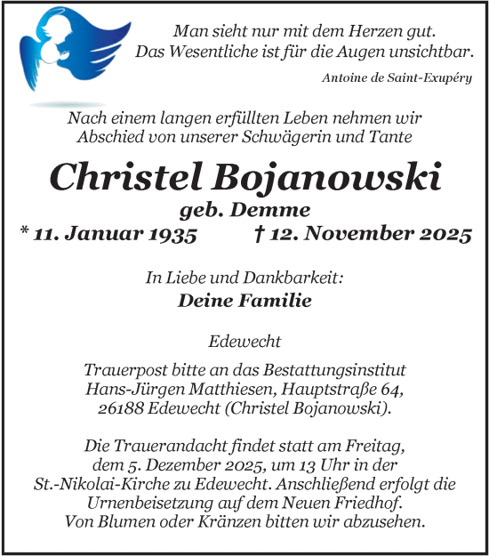 Traueranzeige von Christel Bojanowski von Nordwest-Zeitung