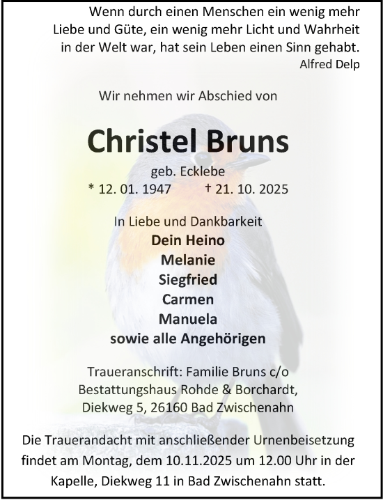 Traueranzeige von Christel Bruns von Nordwest-Zeitung