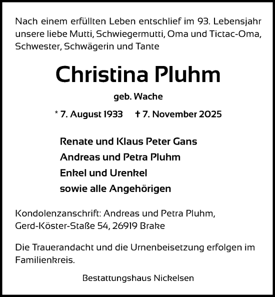 Traueranzeige von Christina Pluhm von Nordwest-Zeitung