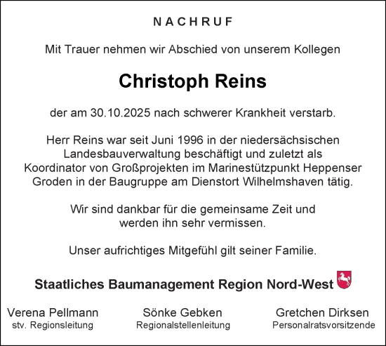 Traueranzeige von Christoph Reins von Nordwest-Zeitung