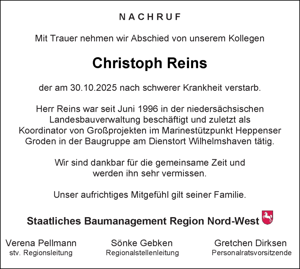  Traueranzeige für Christoph Reins vom 12.11.2025 aus Nordwest-Zeitung