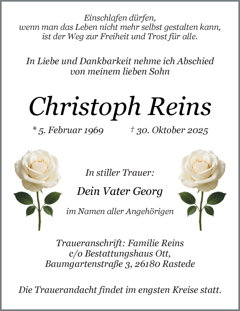  Traueranzeige für Christoph Reins vom 08.11.2025 aus Nordwest-Zeitung