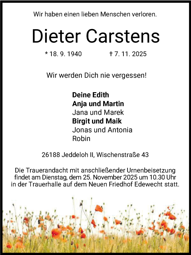  Traueranzeige für Dieter Carstens vom 18.11.2025 aus Nordwest-Zeitung
